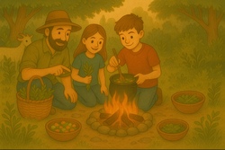 Essen aus der Landschaft und verarbeiten am Lagerfeuer